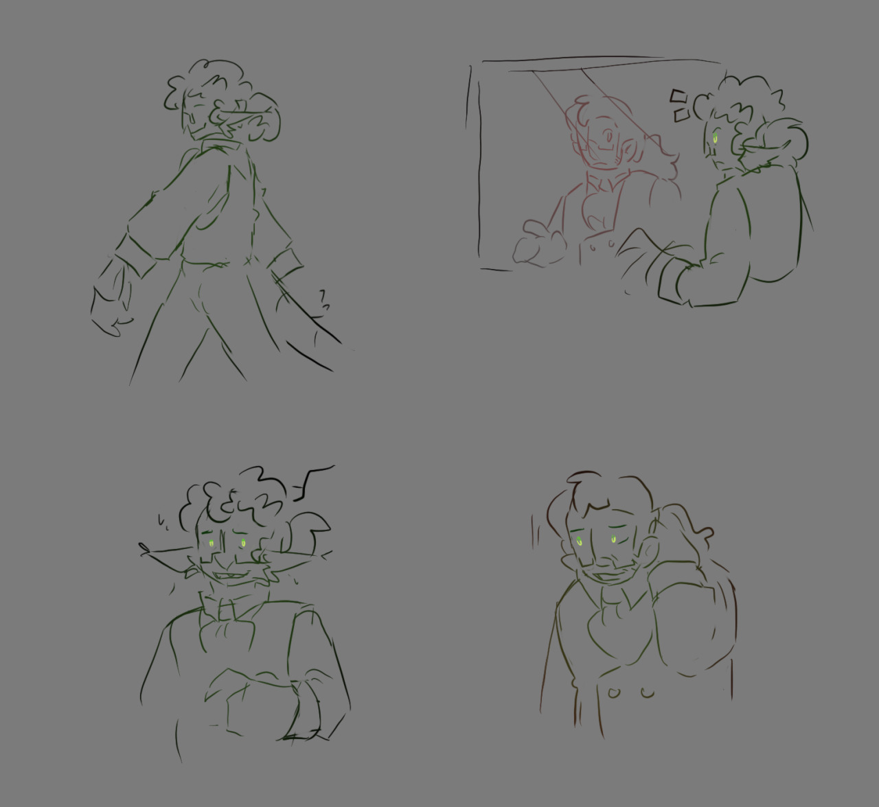 a four panel comic. the first panel is of edward hyde walking joyfully, wearing a jekyll like outfit. the second panel is of hyde noticing a mirror, where jekyll stands in place of him. the third is of edward hyde staring with a face of realization. the fourth is jekyll rubbing the back of his neck and looking away. in all panels his eyes are green.